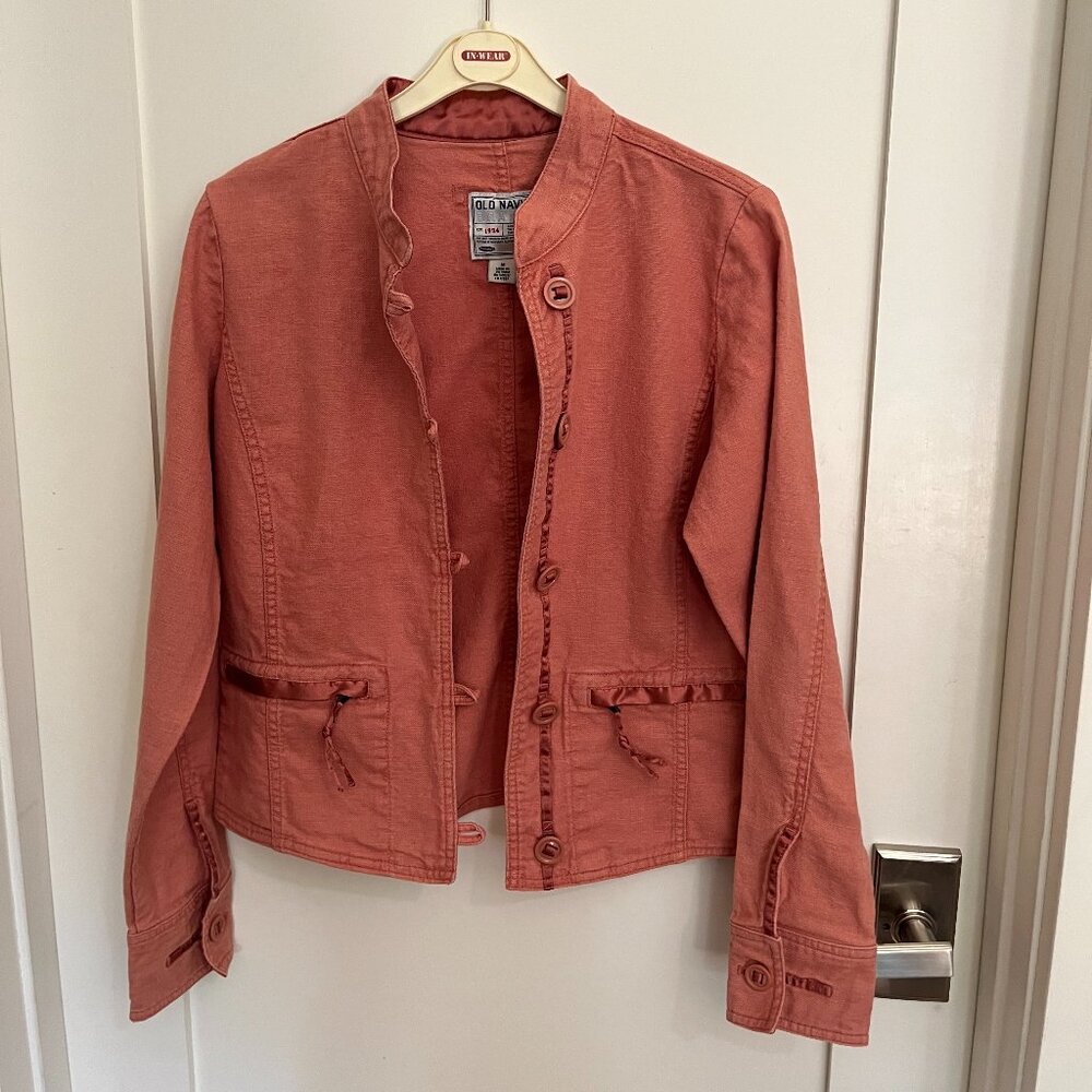 Vintage Old Navy Linen Cotton Blend Jacket w/ Satin Details. Size Med. Coral